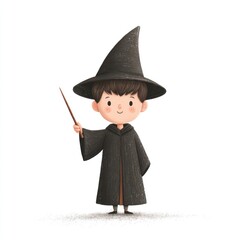 Cartoon boy in black wizard robe and hat, holding a wand on white backdrop