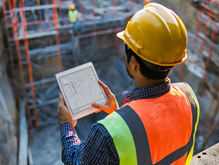 Construction Worker Using Tablet on Building Site for Project Planning