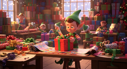 Animated scene depicting santa's workshop filled with cheerful elves crafting festive gifts amidst stacks of presents and wrapping supplies creating a heartwarming christmas atmosphere perfect for
