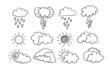 Hand-Drawn Weather Icons Set, Simple Black and White Vector Doodles of Sun, Clouds, Rain, and Lightning for Kids' Designs, Climate Graphics, and Forecast Illustrations

