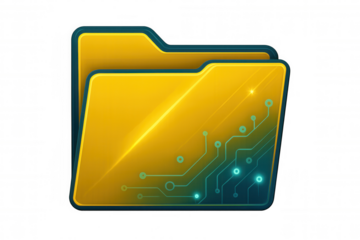 Yellow digital folder icon with electronic circuit design, representing data storage, on a transparent background