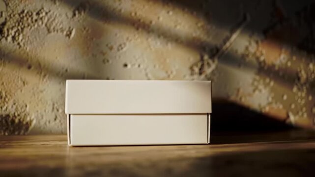 Elegant White Packaging Box Mockup on Wooden Surface with Sunlit Background