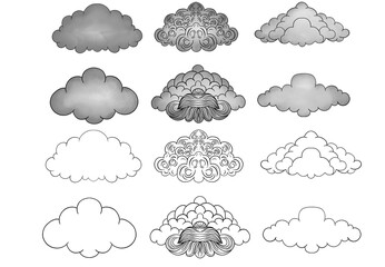 Obraz premium Set of Stylized Cloud Illustrations in Monochrome and Line Art, Decorative Vector Graphics for Patterns, Sky Designs, and Creative Atmospheric Concepts