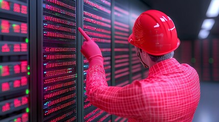 Technician Inspecting Glowing Red Server Racks in a Dark Server Room