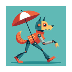 Robot Dog Walking with Umbrella Vector Art