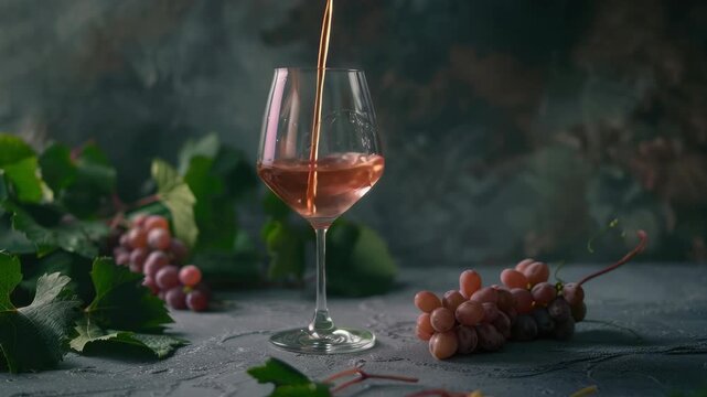 A glass of wine is on a table with a bunch of grapes. The wine glass is half full