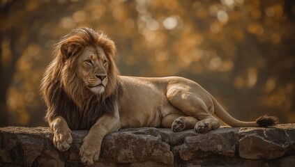 Majestic lion resting on a rocky surface, gazing to the left with a blurred, golden background.