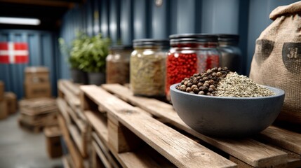 Spices and herbs display warehouse food photography rustic environment close-up view culinary exploration