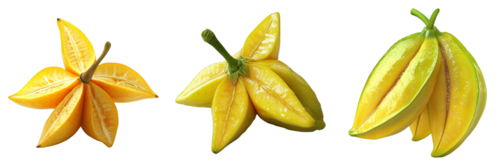 Three yellow fruits with green stems