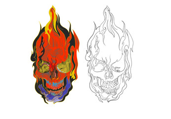 Fiery skull illustration and outline vector set, featuring a colorful and a line art version for edgy graphic tees, posters, biker art, and horror themes with an intense look.