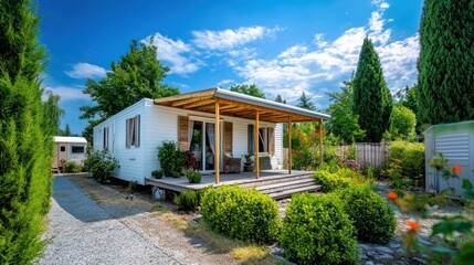 Modern mobile home in garden landscape. Travel, vacation, retirement background