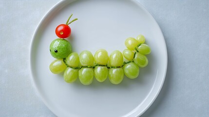 Playful grape caterpillar creation delights on white plate, perfect for healthy kids' snacks
