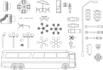 2D linear design, light pole, traffic light pole, bus and piano vector for interior design and architecture.