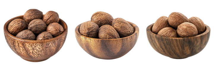 Three bowls of nuts are shown, with each bowl containing a different type of nut