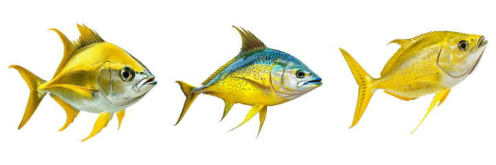 Three fish are shown in a row, with the middle fish being the largest