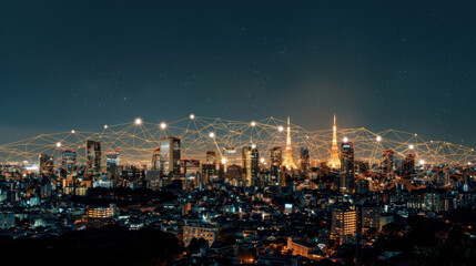 Fototapeta premium Stunning city skyline night, showcasing vibrant urban landscape with illuminated buildings and network of interconnected lines symbolizing technology and connectivity. scene captures essence