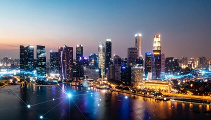 Obraz premium Futuristic City Skyline, Wireless Signals, Urban Landscape, Night View, High-Tech Environment, Data Connections Flowing