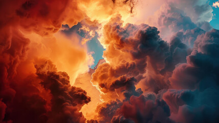 Dramatic clouds illuminated by warm sunlight create stunning sky scene, showcasing vibrant oranges and blues. interplay of light and shadow evokes sense of wonder and tranquility