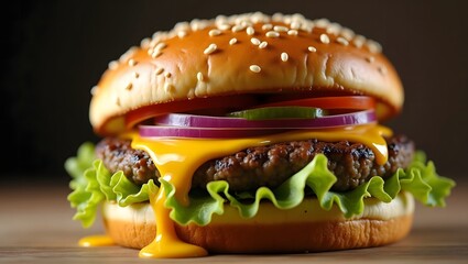 Close-up of a Drooling Melted Cheese Burger with Red Onions and Pickles, Gourmet Burger with a Thick Patty, Sliced Onion, and Tangy Pickles Cheeseburger with Drizzling Melted Cheese and Fresh Toppings