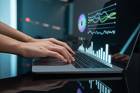Data analysis on laptop with hands typing for business intelligence and financial market research report