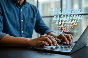 Sales funnel conversion optimization strategy using laptop for lead generation and marketing automation process