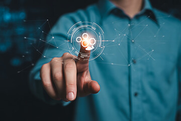 Man touching digital interface automation technology and artificial intelligence concept design 100