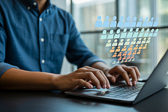 Sales funnel conversion optimization strategy using laptop for lead generation and marketing automation process