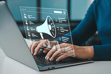 Digital marketing strategy on laptop screen for online advertising and social media campaign growth success