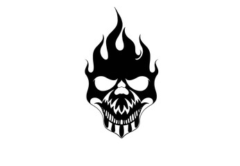 Aggressive Flaming Skull in a Bold Black and White Graphic Style, Edgy and Intense Mascot or Logo Design for Gaming, Biker Culture, T-shirt Prints, and Dark Themed Merchandise on a White Background.