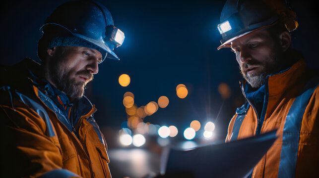 Two Construction Workers Reviewing Plans at Night
