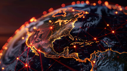 Detailed view of digital globe showcasing North America and parts of Central America, illuminated with bright network connections and glowing lines representing data flow. image conveys sense