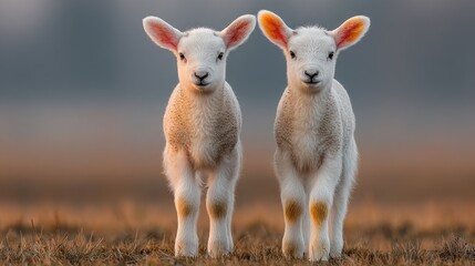 Obraz premium Two fluffy lambs face forward, walking