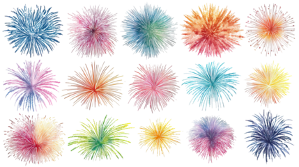 Fireworks Pack Collection with Individual Firework Bursts on Transparent Background