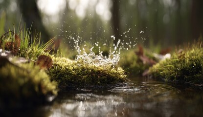 Water splash on mossy forest creek bed