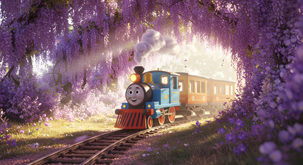 A whimsical journey unfolds as a cheerful cartoon train chugs through a vibrant floral wonderland, its joyful presence brightening the serene landscape filled with blooming wisteria and lush greenery