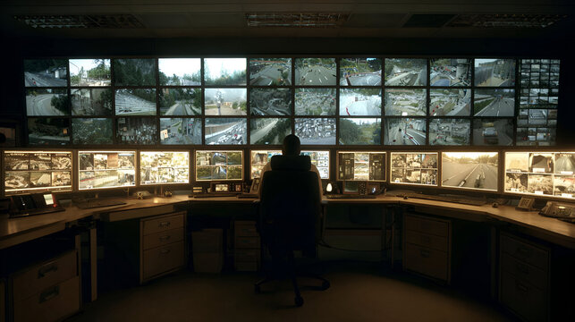 Security Operator Monitoring Multiple Screens in a Dark Control Room