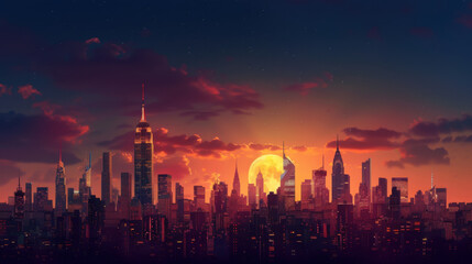 Fototapeta premium Stunning city skyline at sunset, featuring tall skyscrapers and vibrant orange sun setting behind buildings. scene captures beauty of urban life and transition from day to night
