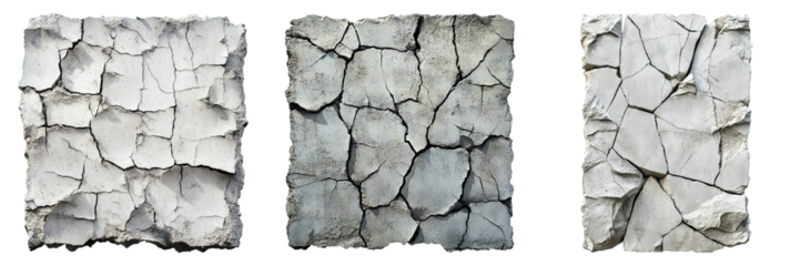 Three images of cracked concrete with a rough texture