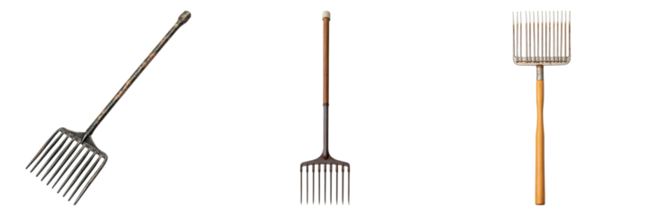 Three different types of garden tools are shown in a row