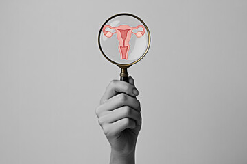 Uterus health check up concept with magnifying glass for gynecology and reproductive system analysis