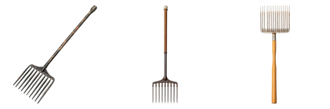 Three different types of garden tools are shown in a row - Powered by Adobe