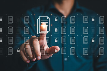 Data management and security concept man touching document icon for file transfer process automation 100