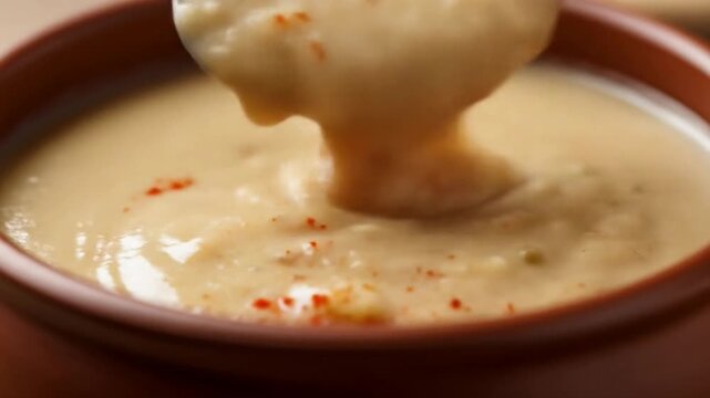 Close-up of Creamy Beige Sauce Dripping from Spoon in Rustic Brown Bowl  Delicious Food Photography for Restaurant Menus  Culinary Blogs  and Recipe Websites