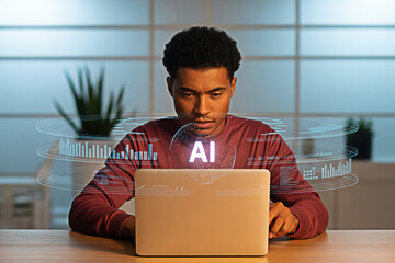Man using ai technology on laptop for data analysis and machine learning development at home office setup