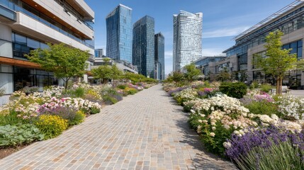 Fototapeta premium Urban walkway lined with colorful flowers and modern buildings