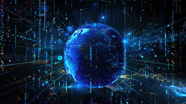 Digital globe surrounded by glowing data streams and binary code, representing technology and global connectivity. futuristic vision of world interconnected through data
