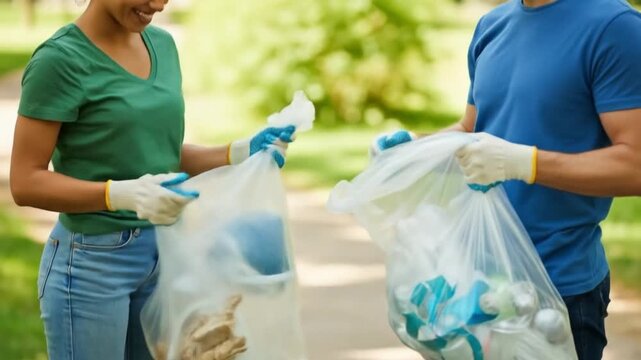 Joyful Volunteers High-Five After Successful Park Cleanup, Holding Full Trash Bags