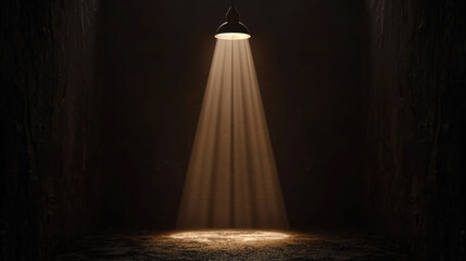 Solitary light fixture illuminates dark, empty space, casting dramatic shadows and creating moody atmosphere. beams of light highlight textured floor, evoking sense of mystery and intrigue