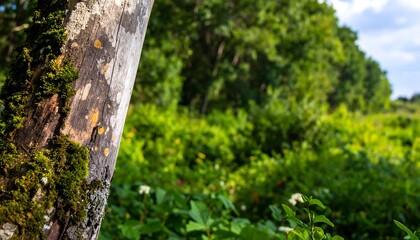 Obraz premium Close-up of a tree trunk with moss and blurred background of forest vegetation.
