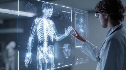 Doctor Analyzing Human Skeleton on Futuristic Screen Medical Technology Concept